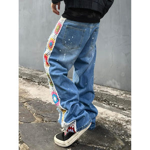 DENIM Custom Rhinestone Baggy Distressed Trousers Jeans <b>Pants</b> Vintage Wide Leg Stripe Ripped Denim Jeans Men - Product Image 4