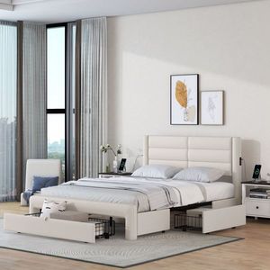 Letto matrimoniale girevole imbottito in pelle beige con contenitore a cassetto e stazione di ricarica - Product Image 3