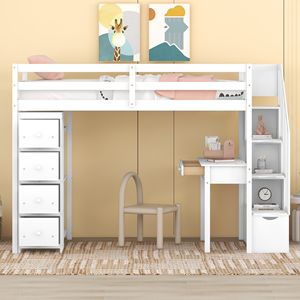 Letto a soppalco bianco singolo con cassetti contenitore, scrivania e scale, in legno, con mensole, per bambini - Product Image 2
