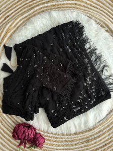 Dupatta de créateur indien avec chemisier, tenue de mariage traditionnelle pour femme, longueur ras du sol, en soie brodée, style bleu à sequins - Product Image 3