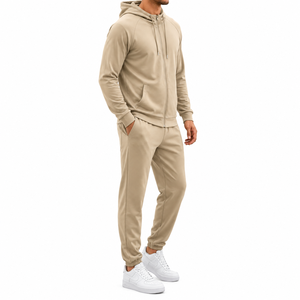 Men's Hooded Tracksuit <b>Set</b> Solid Color Full Zipper Sweatshirt and Pants Casual Autumn Wear Breathable Polyester Material - Product Image 2