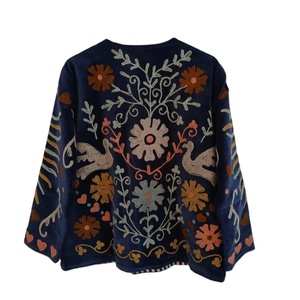 Navy Blue Velvet Suzani Embroidered Winter Jacket Vintage Floral <b>Boho</b> Handmade Cotton Shell Ethnic Gift for Her - Product Image 1