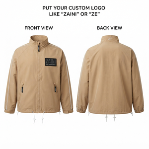 Veste coupe-vent d'hiver pour homme en toile de coton polyester imperméable 165 GSM, kaki, col rabattable, passepoil réfléchissant, patch personnalisé - Product Image 1