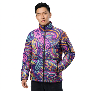 Chaqueta Acolchada para Hombre con Estampado Paisley Colorido, Cuello Alto, Cierre de Cremallera, Resistente al Viento, Informal, para Invierno, de Poliéster/Algodón, Larga - Product Image 3