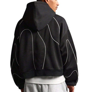 เสื้อฮู้ดดี้โอเวอร์ไซส์สีดำสำหรับผู้ชาย แต่งดีไซน์ตะเข็บสีขาว ซิปด้านหน้า สวมใส่สบายๆ ในฤดูใบไม้ร่วง ผลิตจากผ้าฝ้ายเฟรนช์เทอร์รี่ 100% - Product Image 3