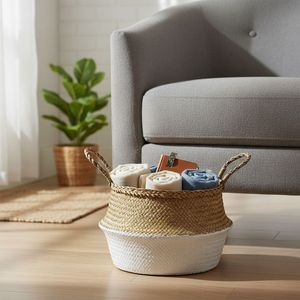 <b>Woven</b> Storage <b>Basket</b> Handwoven Water Hyacinth Belly <b>Basket</b> with Handles Eco Friendly Organizer for Home Decor Laundry Storage - Product Image 6