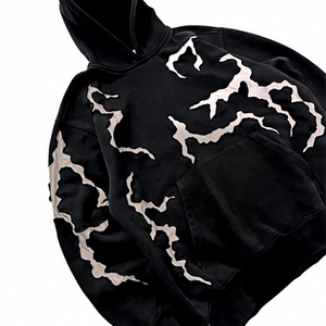 Sudadera con Capucha de Forro Polar Negro para Hombre, con Estampado de Grietas Blancas, Estilo Casual, con Bolsillo Canguro, Otoño 2026 - Product Image 5
