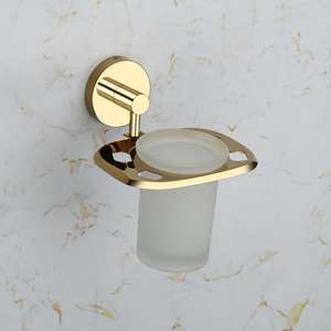 Support mural pour brosse à dents et gobelet, organisateur de salle de bain en acier inoxydable finition or, support en verre pour accessoires - Product Image 1