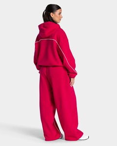 Conjunto Deportivo Rojo con Capucha para Mujer, Manga Larga, Corte Holgado, Color Sólido, Cintura Elástica, Bolsillos Laterales, Ropa Casual de Otoño - Product Image 2