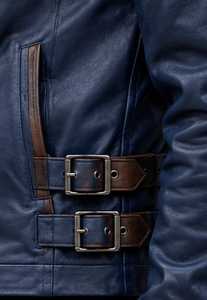 <b>Men's</b> navy blue brown buckle Leather <b>Jacket</b> turn down Collar With Button Closure - Product Image 3