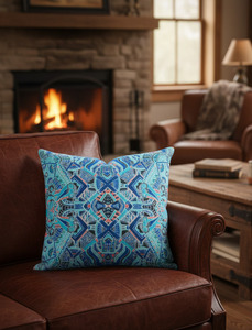 Housse de coussin à motif tribal traditionnel avec motifs symétriques complexes et tons froids, personnalisée pour les acheteurs 18X18 - Product Image 3