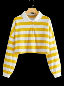 Polo Corto a Rayas para Mujer, Manga Tres Cuartos, Corte Holgado, Informal, para Primavera/Verano, en Amarillo y Negro con Bloques de Color Tejidos - Product Image 5