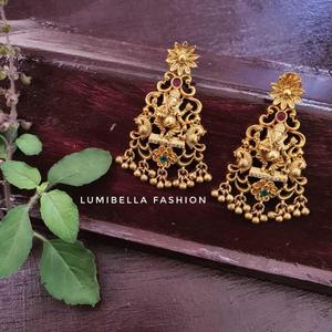 Ganesha Drop Earrings with Golden Freshwater Pearls for Wedding and Party - Product Image 1