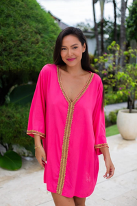 Vestido Kaftán Bordado Rosa Intenso, Cuello en V, Sin Mangas, Corte Holgado, Largo hasta el Suelo, 100% Algodón, Estampado Floral, Lavable, Natural - Product Image 5