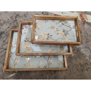 Ensemble de plateaux de service en bois de manguier faits à la main, décoratifs, avec poignées, en émail Jali Mughal, couleur Teal Gold, pour la décoration de la maison de luxe - Product Image 3