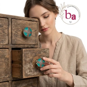 Ba Traditional <b>Brass</b> Round Cabinet <b>Knob</b> with Mosaic Turquoise and Red Inlay Design for Home Bar Furniture - Product Image 2