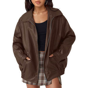 Veste bomber en similicuir PU pour femme, style motard, avec fermeture éclair, coupe ample, pour l'automne et l'hiver, avec poches - Product Image 2