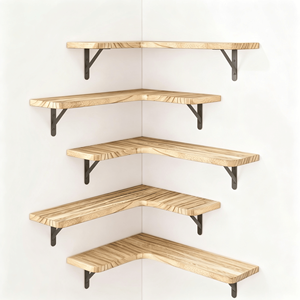 Set di Mensole Angolari Galleggianti 5 Pezzi, Finitura Legno Opaco, Espositore da Parete Triangolare con Staffe in Ferro Rustico - Product Image 1