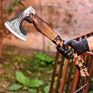 <b>Hand</b> Forged Tomahawk Axe With Wooden Handle And Checkered Leather Grip Outdoor Survival <b>Tool</b> - Product Image 1