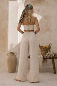 Women Bohemian Linen Wide Leg Pants High Waist Embroidery Loose Fit Full Length Summer Casual Trousers - Product Image 4