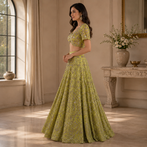 Robe de mariée vert lime à paillettes pour femmes |   Top court perlé et jupe longue évasée à col en V orné pour cérémonie de mariage et réception - Product Image 3