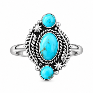 Bague à trois pierres en turquoise Mohave, style bohème western, faite à la main, bijou de créateur unique, bague tendance - Product Image 3