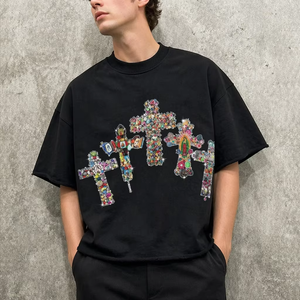 Camiseta Negra con Gráfico de Cruz de Diamantes de Imitación, Algodón Grueso, Manga Corta Oversize, Estilo Urbano para Hombre - Product Image 6