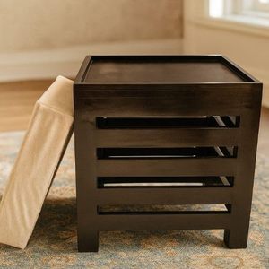 Wooden Ottoman <b>Stool</b> with Cushioned Seat | Modern Square Footrest Pouffe for Living Room <b>Bedroom</b> | Solid Wood Accent <b>Stool</b> - Product Image 3