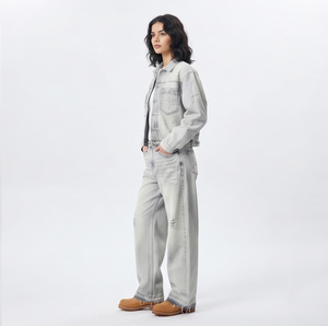 Women's Light Wash <b>Denim</b> Set <b>Jacket</b> And Baggy Jeans Long Sleeve Distressed Button Down Tracksuit Women - Product Image 5
