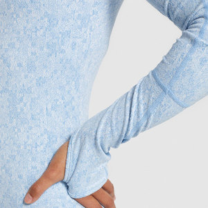 Custom Seamless Quarter Zip <b>Top</b> Women Light Blue Textured Long Sleeve Workout Shirt With <b>Thumb</b> <b>Holes</b> Custom Made By Twin City - Product Image 6