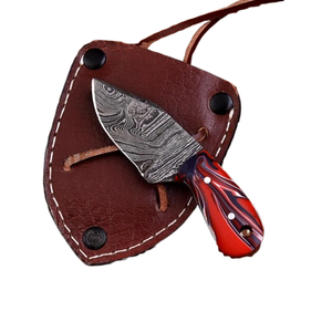 Couteau de poche miniature en acier Damas artisanal, lame fixe, couteau de chasse et de camping avec manche en résine et étui en cuir véritable - Product Image 1