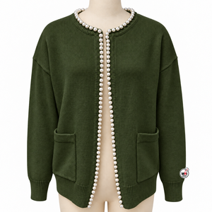Cardigan Vert en Acrylique pour Femme, Longueur Standard, Pulls Élégants à Manches Longues, Col Rond, Détails Perles, Poches, Tendance Hiver, Extérieur - Product Image 1