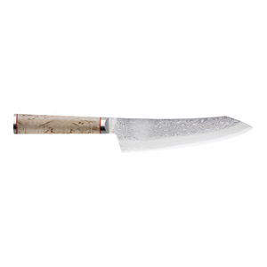 Couteaux de cuisine beige et marron avec manche, lames à motif ondulé argenté et anneau d'accentuation rouge pour trancher, hacher et préparer les aliments - Product Image 1