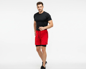 Nouveauté : Short de sport pour homme en polyester rouge et bleu à motif écossais, taille élastique, anti-plis, respirant et séchage rapide, qualité supérieure - Product Image 4