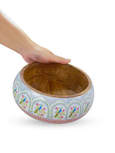 Bol de service décoratif en bois émaillé artisanal chic, vaisselle unique imprimée à la main pour fruits, collations, salades, desserts, repas - Product Image 1