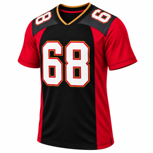 Maillot de football américain unisexe, col en V, manches longues, maille 100% polyester respirante, sublimé, noir et rouge, numéro 68, entraînement - Product Image 1