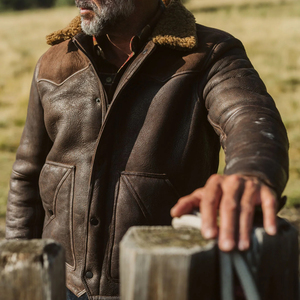 Men Beige Shearling Collar <b>Leather</b> Jacket Winter Warm Snap Button Genuine <b>Leather</b> Workwear <b>Coat</b> OEM Wholesale - Product Image 5