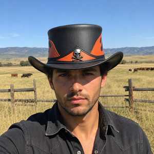 Chapeau haut de forme en cuir noir fait main de qualité supérieure avec crâne flamboyant orange, style motard, steampunk, gothique - Product Image 5