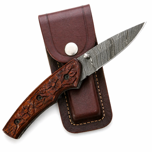 Couteau utilitaire pliant artisanal à lame droite de type Drop Point avec lame en acier Damas, manche en bois et étui en cuir - Qualité DIY - Product Image 1