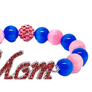 สร้อยข้อมือยืดหยุ่นประดับลูกปัดสีชมพูและสีน้ำเงินรอยัล พร้อมจี้ตัวอักษรคำว่าแม่ ประดับคริสตัลและเพชรเทียม เครื่องประดับแฟชั่นสำหรับผู้หญิง - Product Image 3
