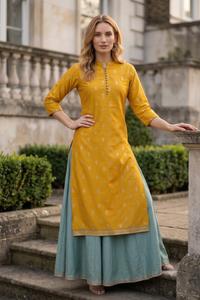 Ensemble Kurta jaune moutarde imprimé et palazzo vert sarcelle pour femme – Tenue ethnique élégante et festive - Product Image 2