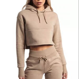 Womens Tan Cropped <b>Hoodie</b> And Matching Joggers Set Premium Heavyweight Fleece Pullover Loungewear Two Piece Outfit - Product Image 2