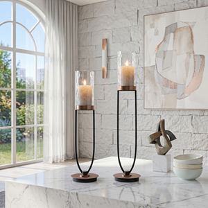 Juego de Faroles Metálicos Negros Altos y Modernos con Vidrio Ondulado, Diseño Minimalista Contemporáneo para Decoración de Hogar de Lujo, Alta Calidad - Product Image 1