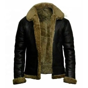 Men Genuine Leather Moto Biker <b>Jacket</b> Turn-down Collar Zipper Front Faux <b>Fur</b> Lining Winter Solid Color Regular Fit - Product Image 1