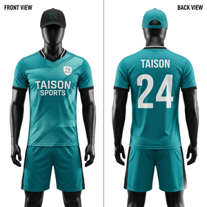 เสื้อกรรมการฟุตบอลผ้าโพลีเอสเตอร์อินเตอร์ล็อค 150 GSM สีเขียวอมฟ้า-ดำ สกรีนโลโก้ตามสั่ง แบบ OEM - Product Image 1