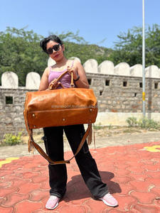 New Real Handmade Vintage Style <b>Tooled</b> Cowhide Fur <b>Leather</b> Duffel Bags Western Unisex Cowhide <b>Leather</b> Fringe Large Travel Bags - Product Image 5