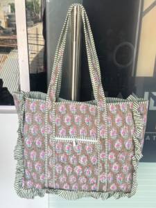 <b>Large</b> Cotton Quilted Frill Tote <b>Bag</b> Block printed floral Tote <b>Bag</b> Personalized bride custom Name Tote <b>Bags</b> <b>Christmas</b> <b>Gift</b> - Product Image 4