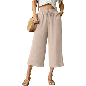 Women 2025 <b>Summer</b> New Chic Fashion Flax Wide Leg Pants Breathable Elastic Waist Vintage High Waist Full Length <b>Trousers</b> - Product Image 6