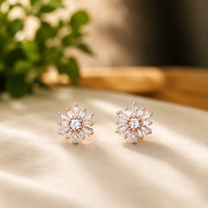 Boucles d'oreilles clous en moissanite motif fleur, serties de diamants taille baguette, bijoux d'oreille pour cadeau d'anniversaire pour elle - Product Image 4