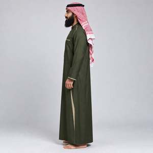 Thobe pour homme de qualité supérieure, vert olive, avec bordure dorée, manches longues, Jubba musulmane, robe arabe traditionnelle longue jusqu'au sol, de haute qualité - Product Image 2
